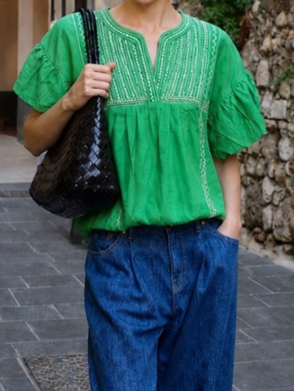 Anthropologie Blue Tassel Brand  Embroidered Green Peasant Top